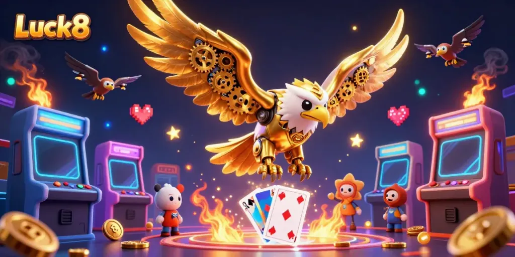 Luck8 showcases an exhilarating scene with a golden eagle diving through holographic casino elements.