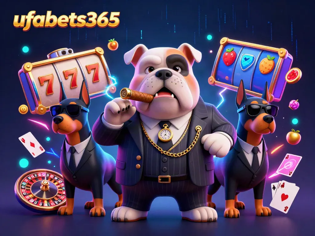 Engage with exciting games at ufabets365 featuring a mafia boss bulldog and Doberman bodyguards in a vibrant casino scene.