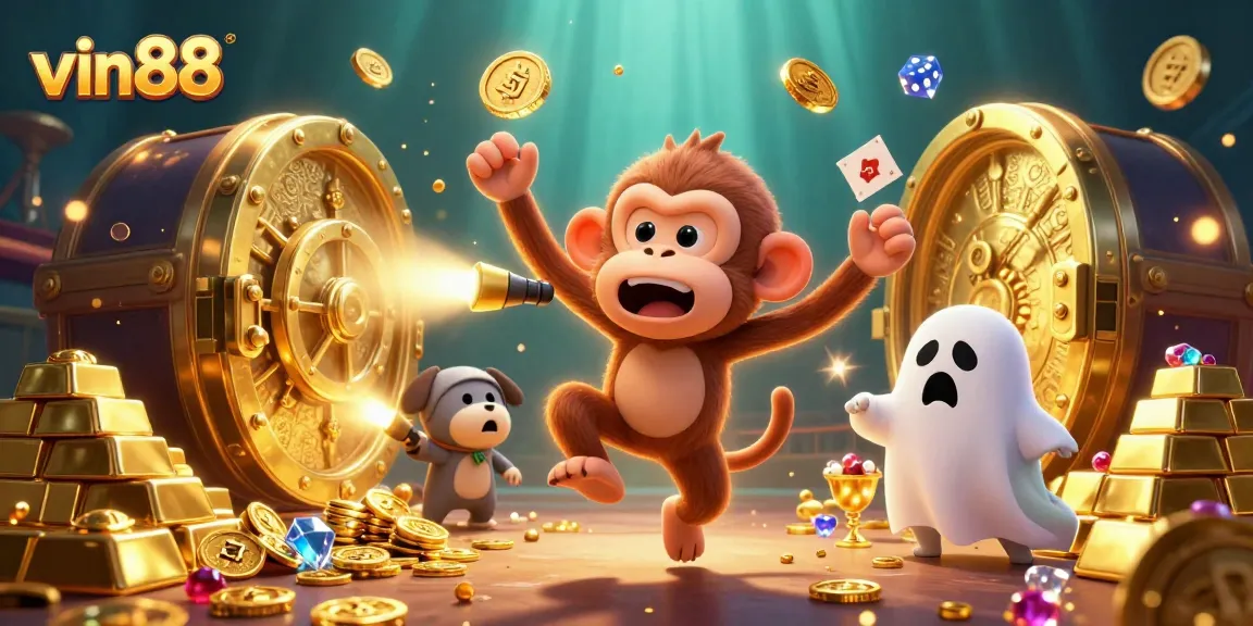 Experience the thrilling fun at vin88 casino with gold coins, juggled objects, and a curious puppy tracking the action.