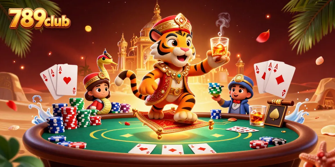 Engage with 789club's vibrant gaming world featuring a tiger sultan on a poker chip carpet.