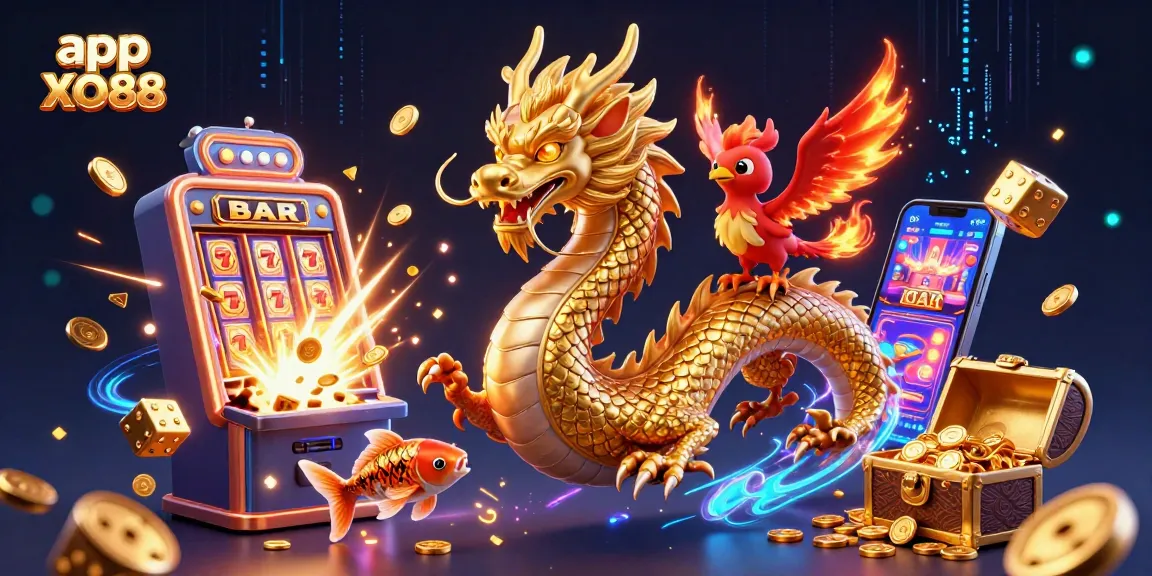 Experience the thrill of app XO88 as a golden dragon and phoenix bring fortune with dynamic casino elements.
