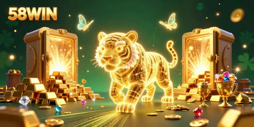 Experience thrilling wins with 58WIN in a vibrant digital casino landscape packed with gold and gems.
