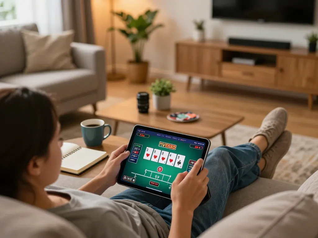 Engaging moment of a player enjoying online casino games on FIVE88 tablet in a cozy setting.