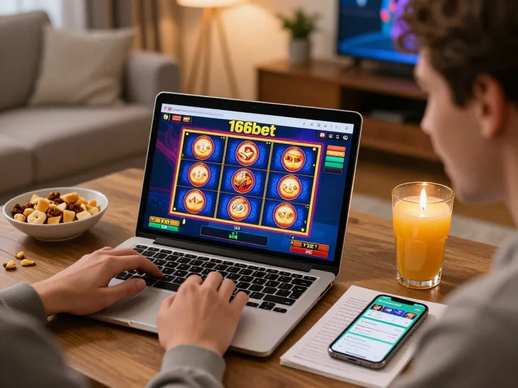 Jogador envolvido aproveitando as slots online da 166bet em seu laptop em um ambiente aconchegante em casa