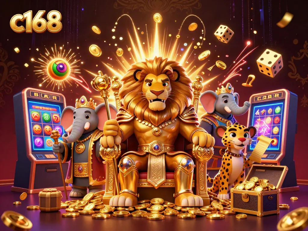 C168 reels spin in a vibrant casino scene with a lion king, elephant, and cheetah.