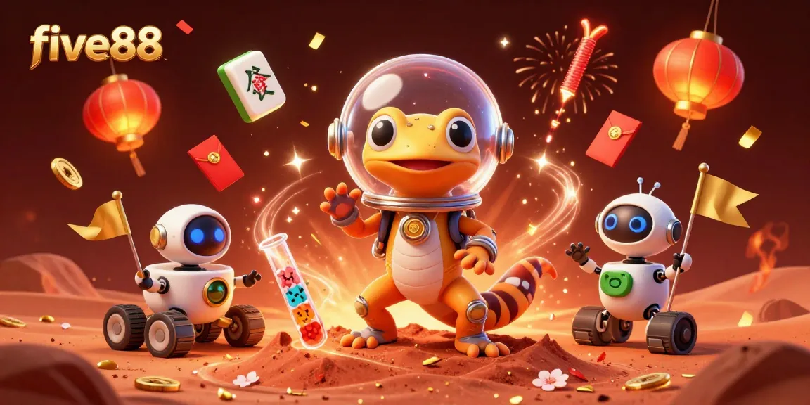 Explore the vibrant world of five88 with a cartoon Martian gecko discovering an alien casino amid fantastic gaming elements.
