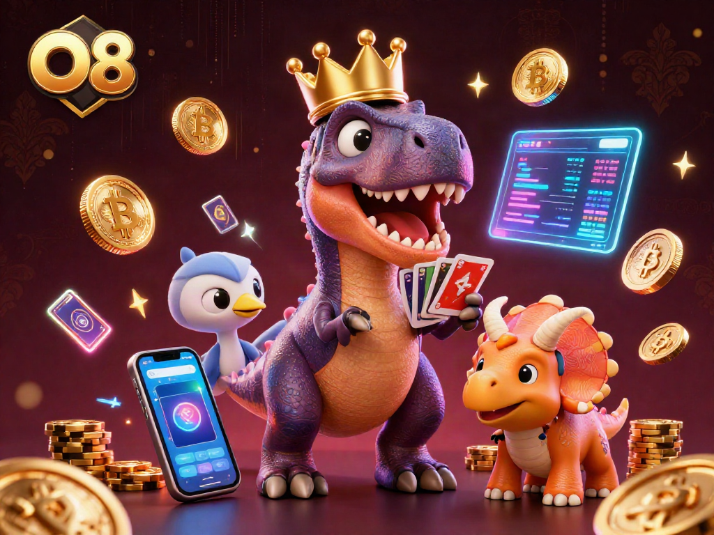 O8 brings excitement with a 3D T-Rex shuffling cards and crypto coins in a vibrant casino scene.