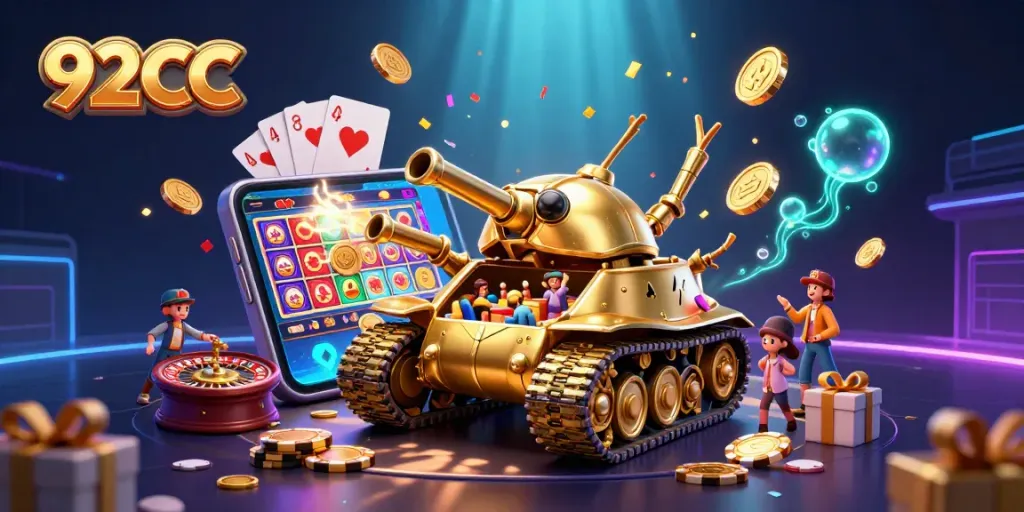 Engage with exciting gameplay at 92CC with a vibrant scene featuring a golden beetle tank and a miniature casino.