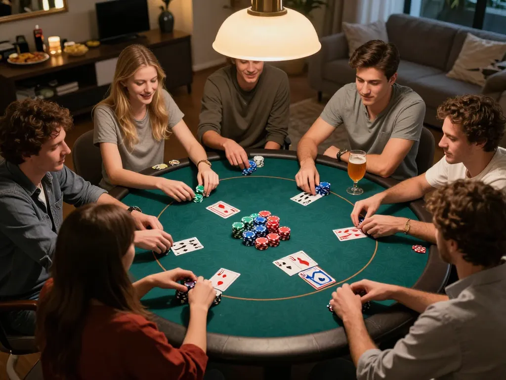 Players enjoying a thrilling KJC home poker game night with chips and cards in action.
