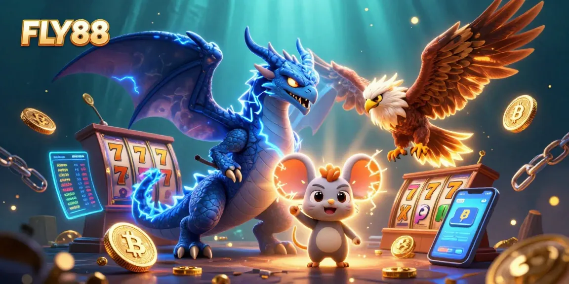 Spin the reels at FLY88 with vibrant casino characters and glowing cryptocurrency elements.