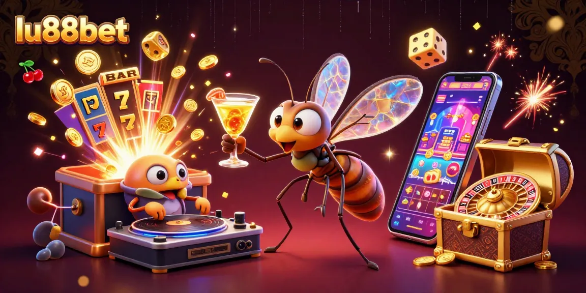 Experience the thrill at lu88bet with a lively 3D illustration of casino fun featuring gold and vibrant gaming elements.
