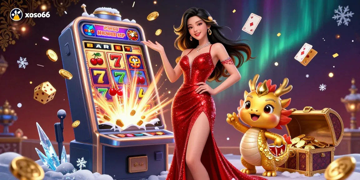 xoso66 showcases a vibrant casino scene with a glamorous Asian woman and a playful golden dragon amidst gaming elements.