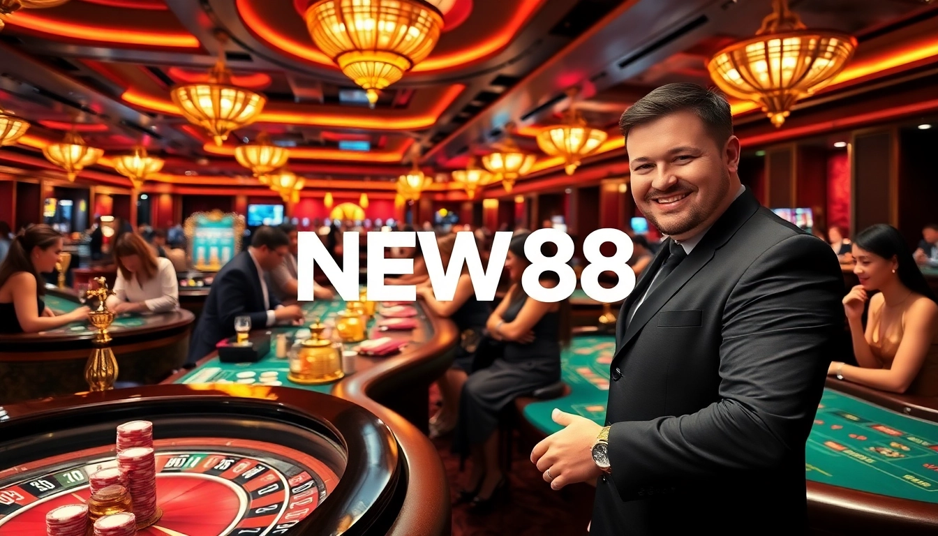 Experience a vibrant casino scene with players enjoying excitement at NEW88 tables.