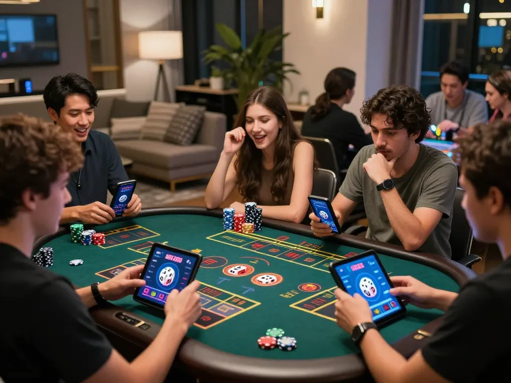 Engaging moment of players enjoying tài xỉu MD5 game online with smartphones and tablets in modern home settings.