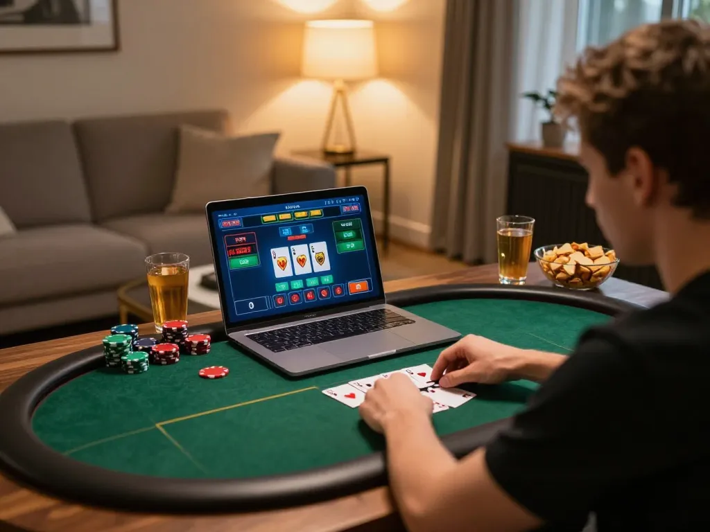king33 players engaging in an exciting online poker game at home with snacks nearby