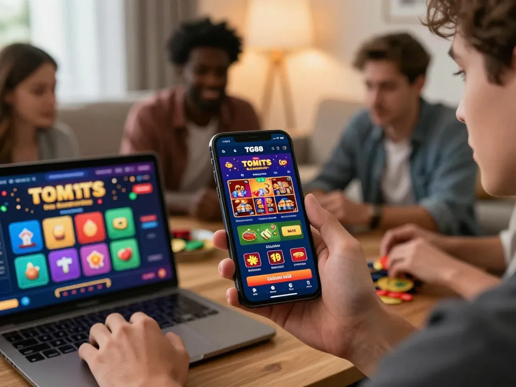 Diverse gamers using TG88 app on smartphone, showcasing vibrant gaming experience.