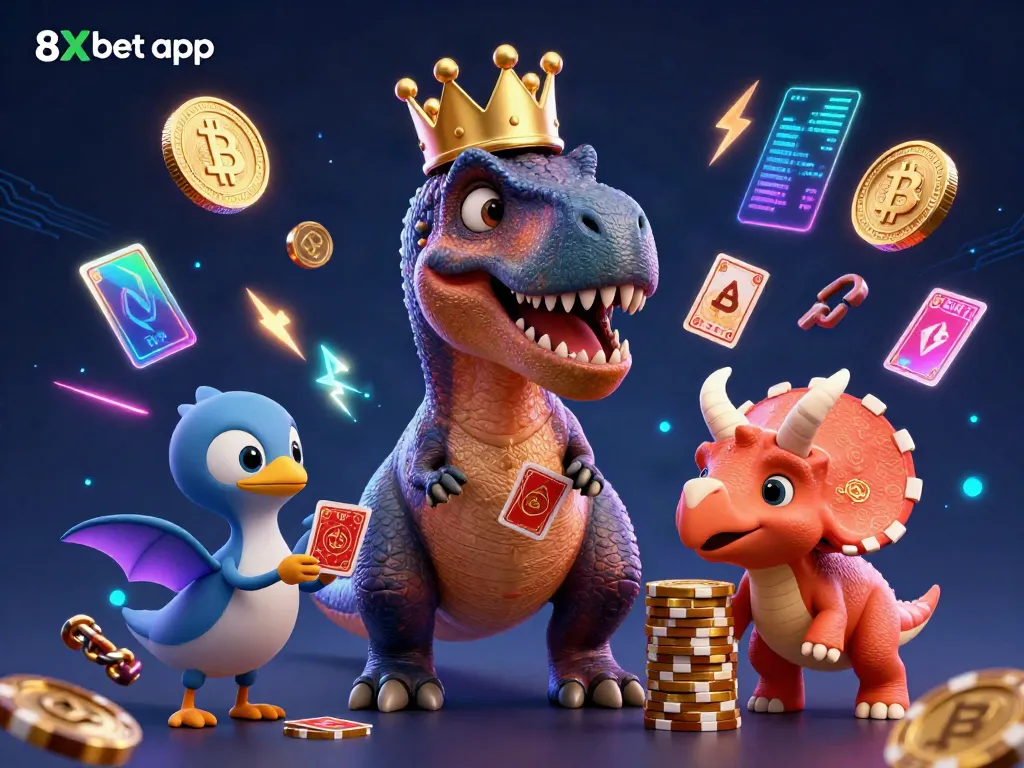 Engage with the 8Xbet app in a vibrant casino scene showcasing characters and cryptocurrencies.