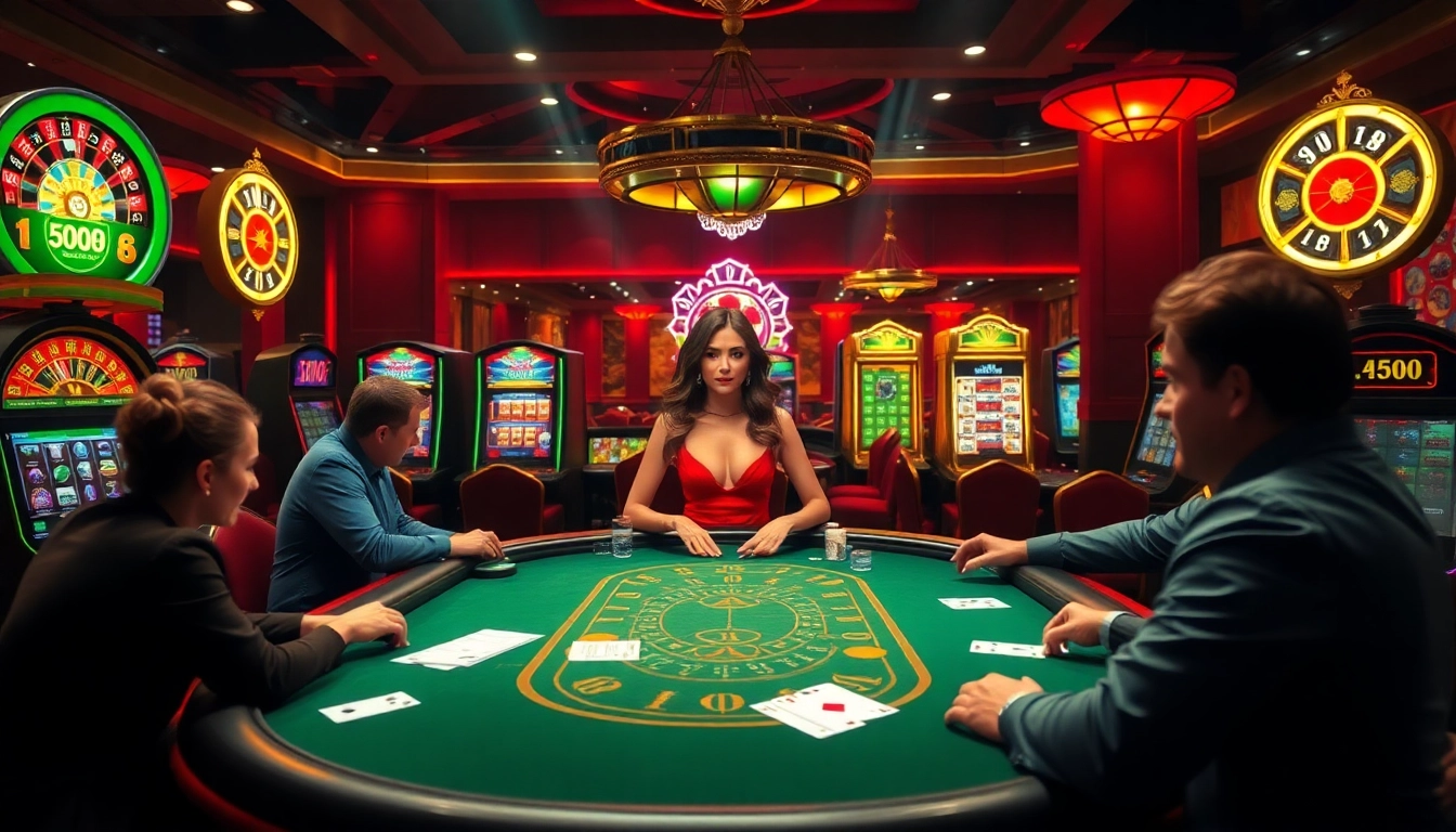 Players engaging in thrilling games at DW8's vibrant casino atmosphere with tables and slot machines.