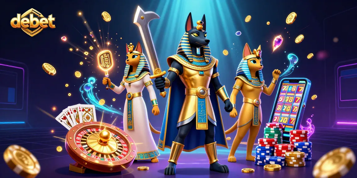 Experience the thrill of debet with Anubis and Bastet in this vibrant casino scene.
