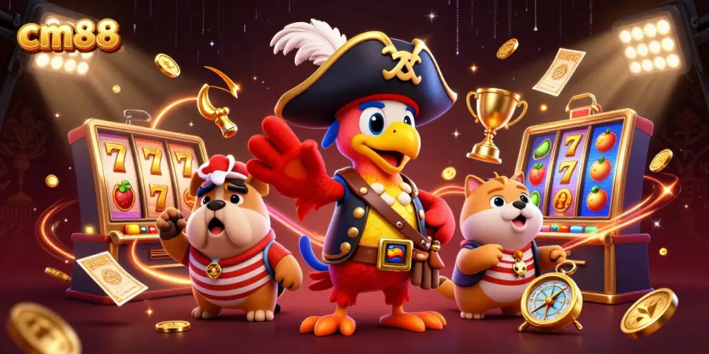 Engaging cm88 casino gameplay scene with pirate characters and vibrant slot elements.
