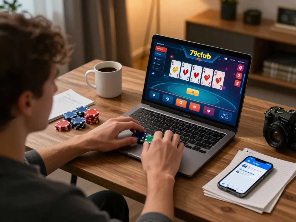 Person enjoying online poker on 79club's platform, strategizing bets with colorful chips in a cozy home setting.