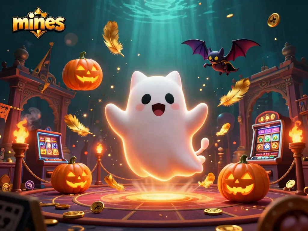 Engage in the thrilling world of mines with a ghost cat, glowing jack-o-lanterns, and vibrant casino elements.