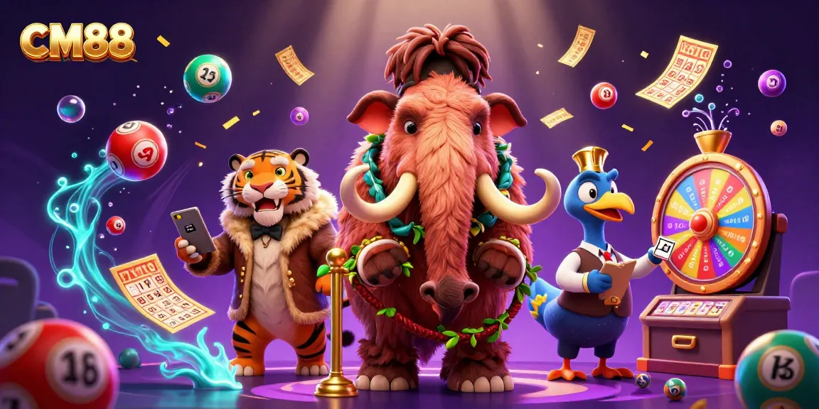 Experience excitement at CM88 with a vibrant casino scene featuring a unique woolly mammoth bouncer and colorful game elements.
