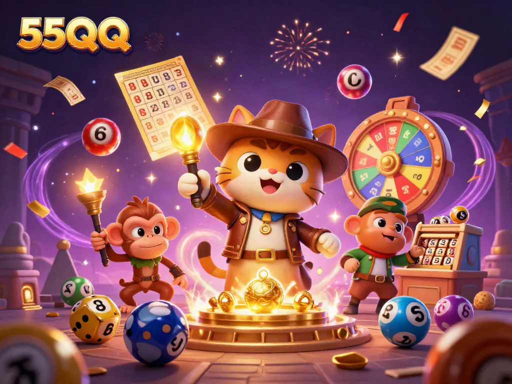 Experience thrilling wins with 55QQ in this vibrant casino-themed illustration.