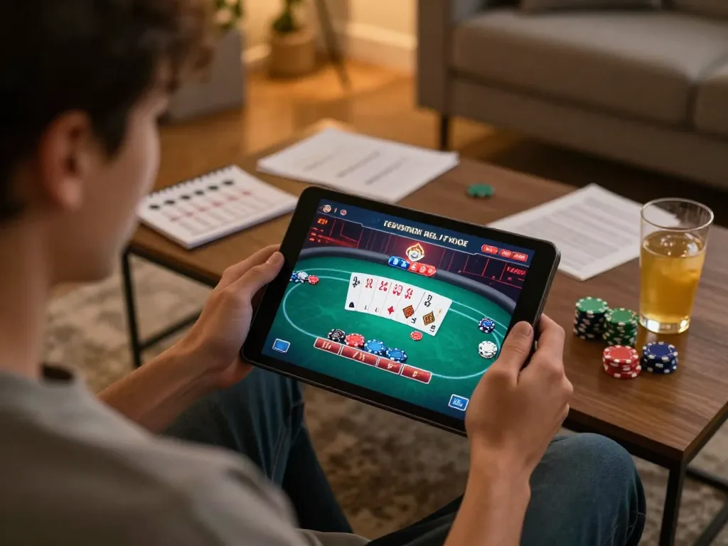 Engaging gameplay on a tablet for hit-club poker, showcasing focused user in a cozy setting.