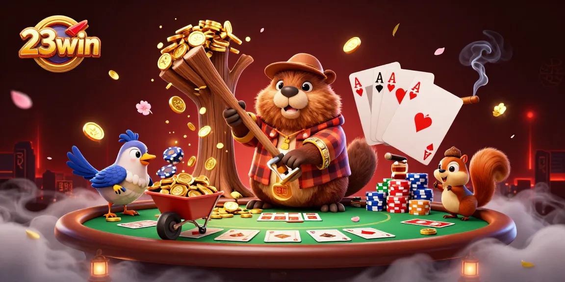 Experience thrilling gameplay at 23win with lively characters enjoying poker and fortune amidst a dazzling casino backdrop.