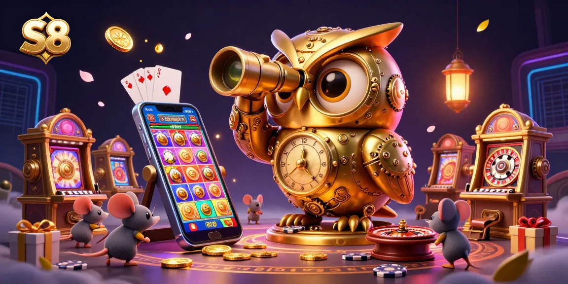 S8 captivates players with a scene of vibrant casino action, featuring dynamic slot machines and a golden owl.