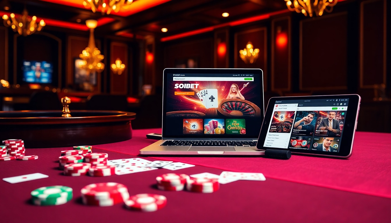 Playing poker at Soibet, showcasing vibrant chips and an engaging online platform in a luxurious setting.