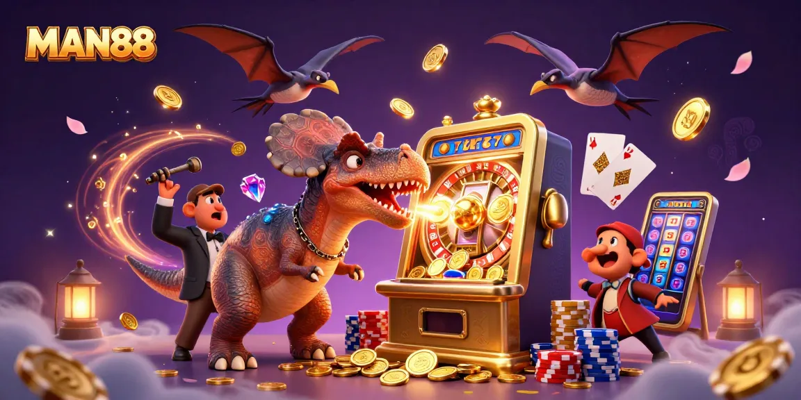 MAN88 jackpot fun with a pachycephalosaurus winning in a casino scene