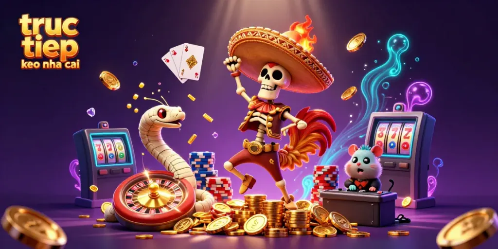 Experience action and thrill with truc tiep keo nha cai as characters celebrate around cascading coins and a spinning roulette wheel.