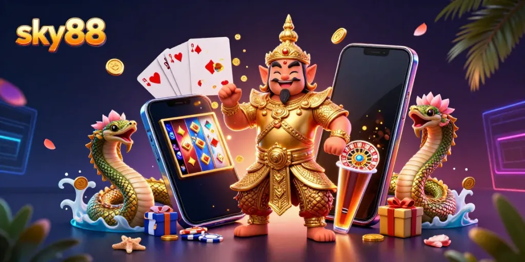 Experience thrilling gaming with sky88's vibrant 3D casino illustration showcasing slot games and interactions.