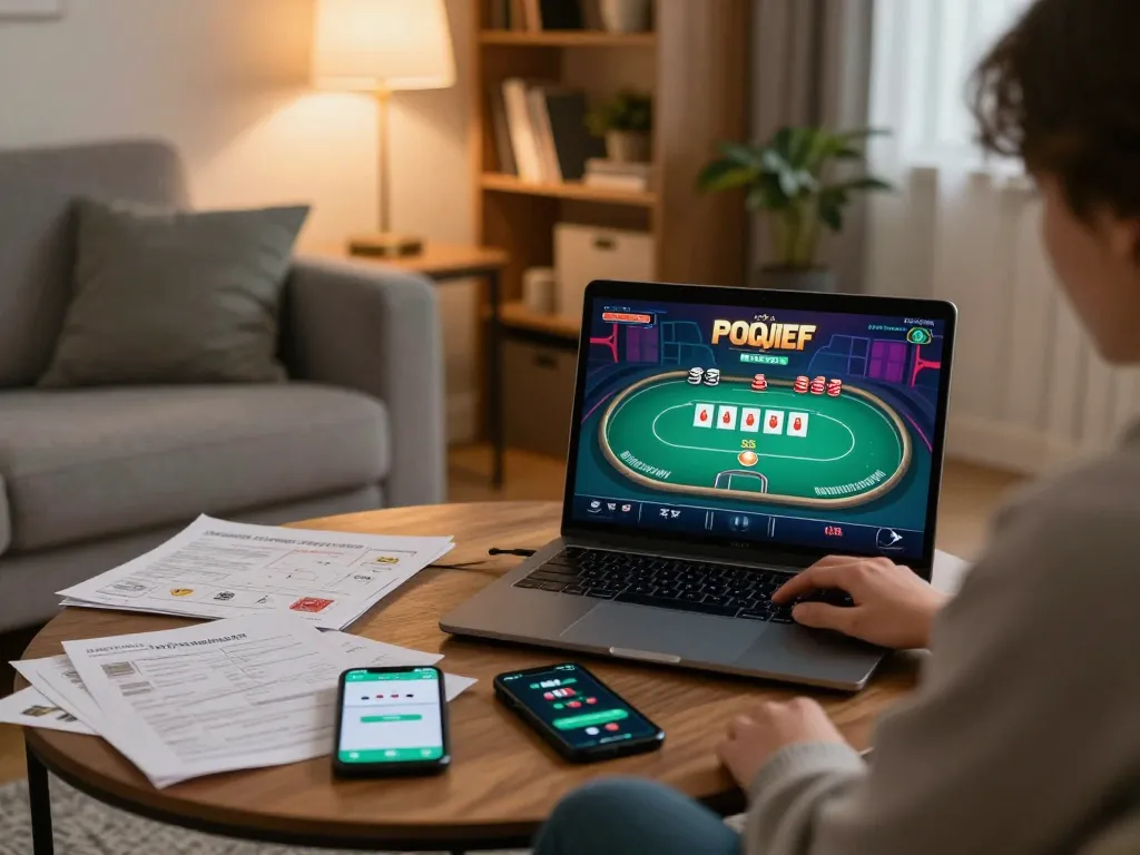 Engaging poker gameplay at home via 45678 com on laptop for a strategic betting experience.