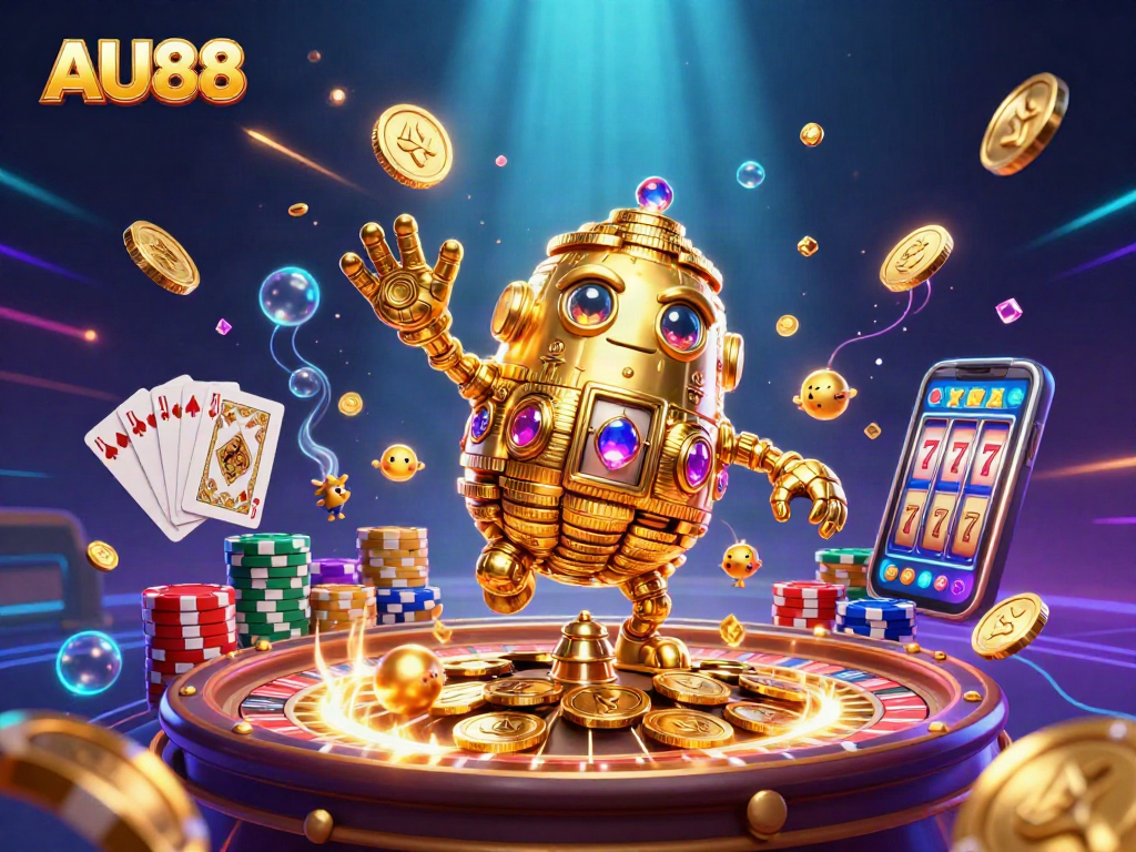 Join the excitement at AU88 with a vibrant scene featuring a golden golem among cascading slots and games.