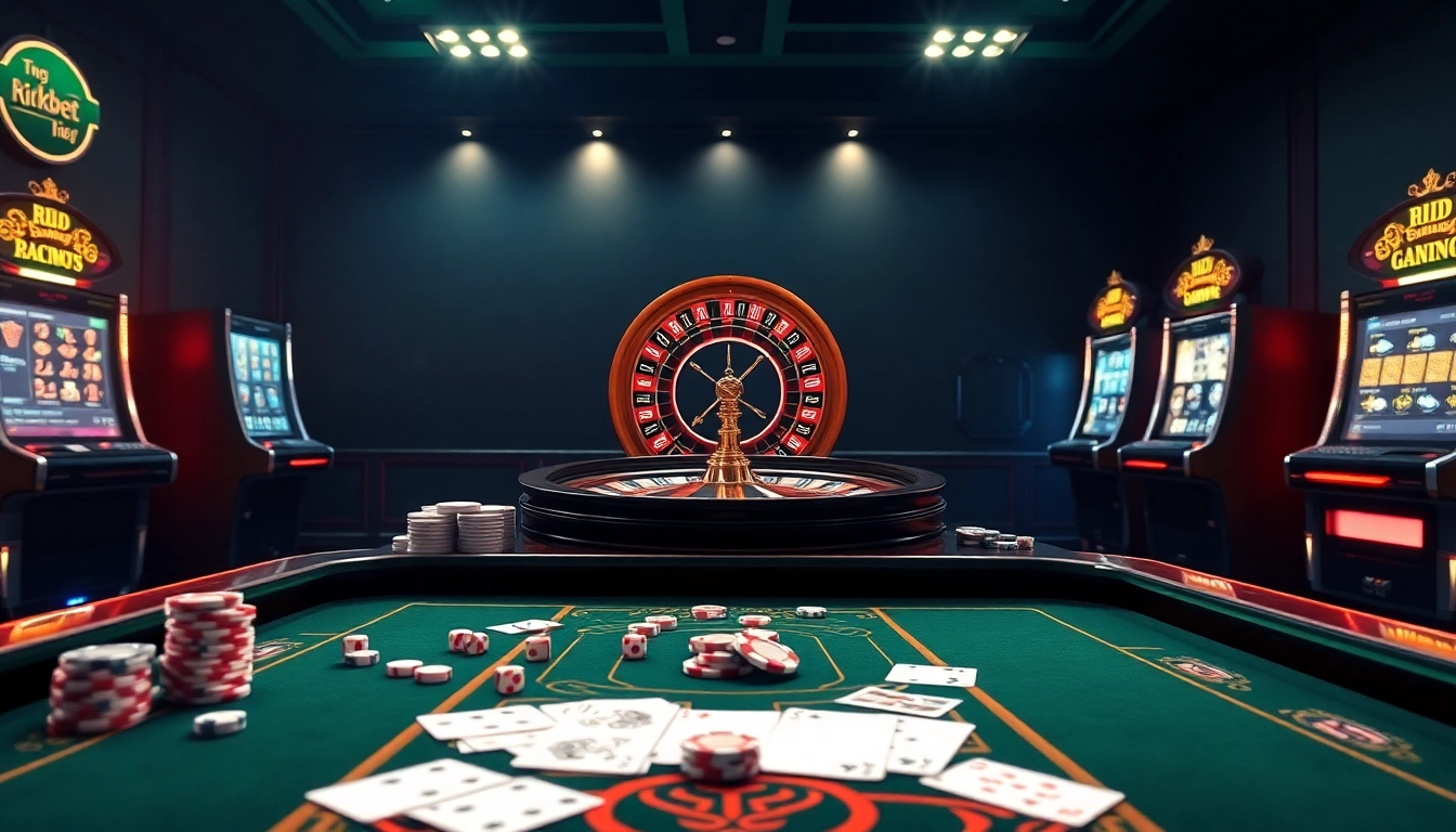 Experience the excitement at nhà cái rikbet with vibrant casino visuals, featuring poker chips and roulette wheels.