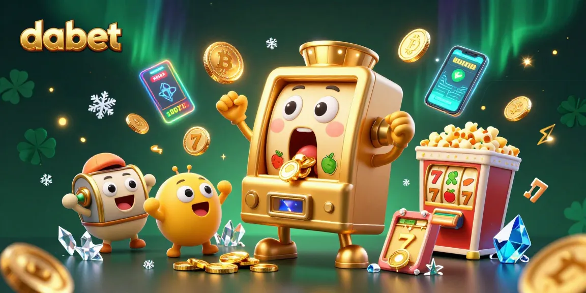 dabet slot machine triumphantly hits a jackpot, surrounded by cheering baby machines and gold coins.