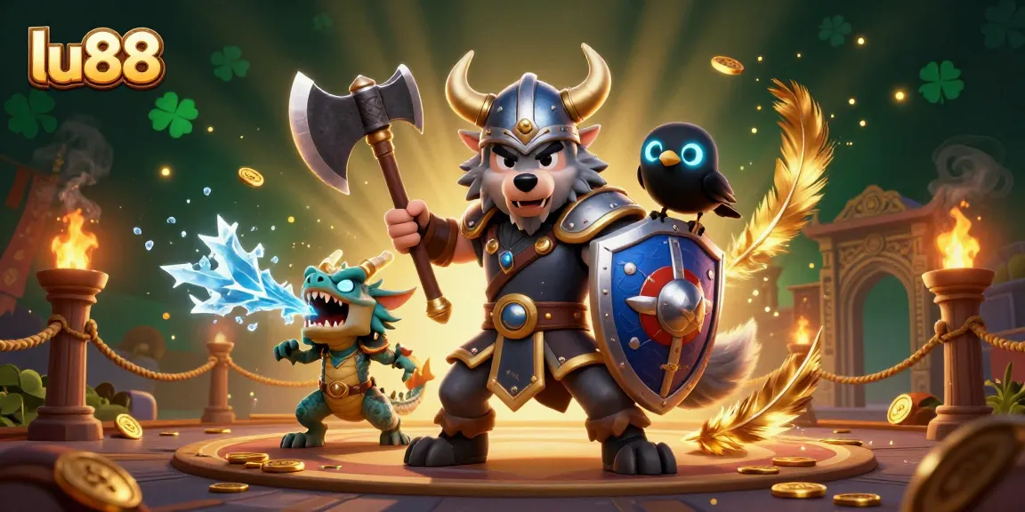 Join the excitement at lu88 Casino with a Viking warrior, fierce dragon, and glowing raven amidst swirling gold!