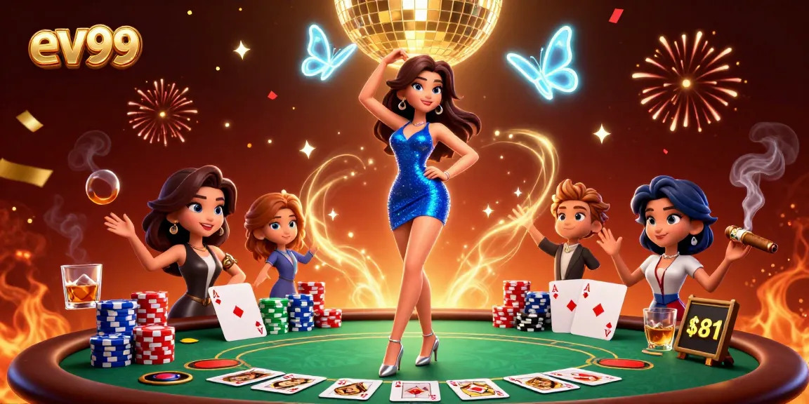Experience thrilling gaming with ev99's vibrant casino scene featuring a glamorous character and dynamic poker elements.