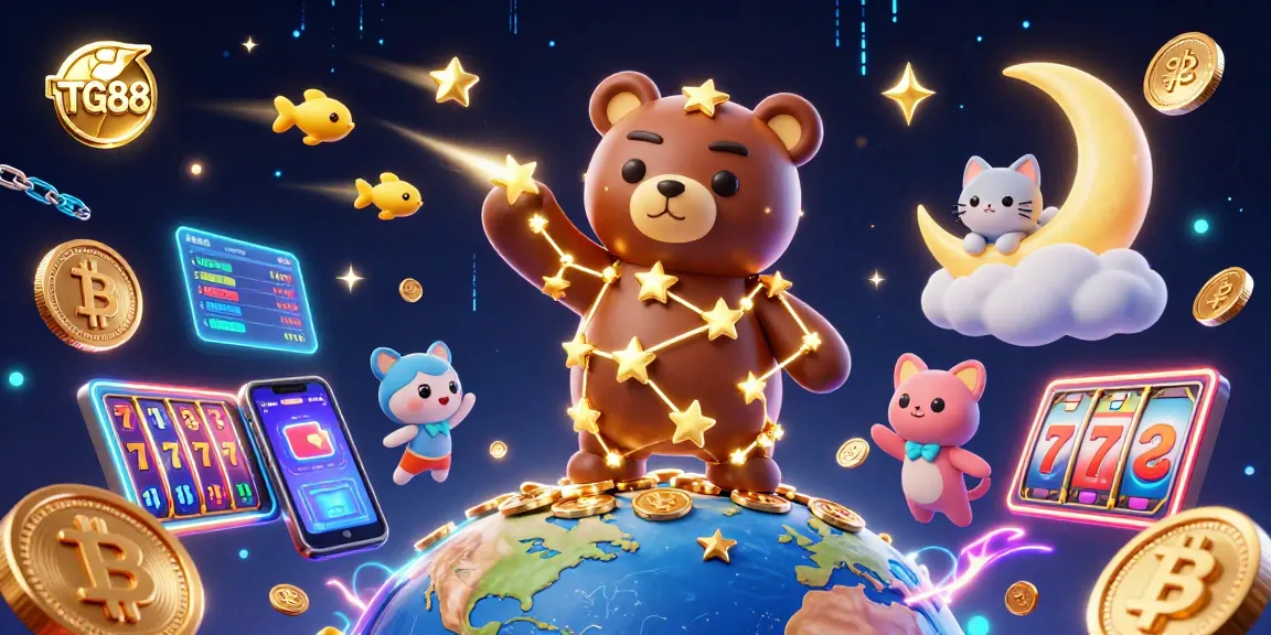 Engage with TG88's vibrant slots action, featuring golden constellations, coins, and animated characters.