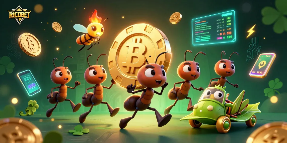 Experience excitement with RICOBET as cartoon ants carry a giant poker chip through a vibrant casino scene.