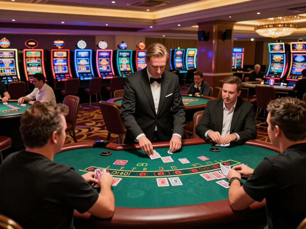 Players engaging in a thrilling game at TA88 blackjack tables on a colorful casino floor.