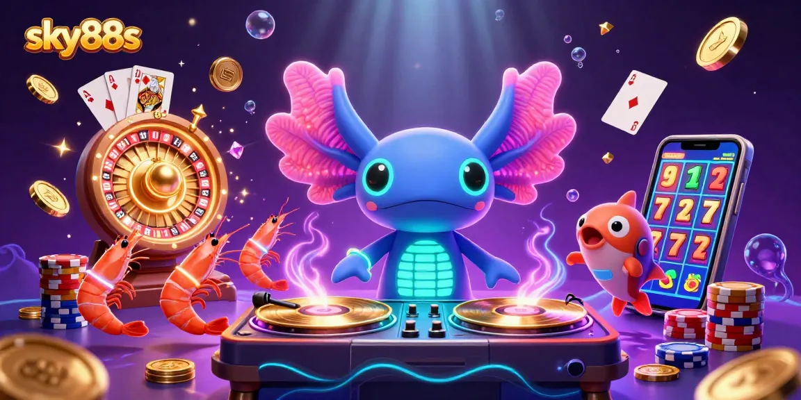 Engage in thrilling casino action with sky88s, featuring a neon axolotl DJ amidst dynamic casino games.