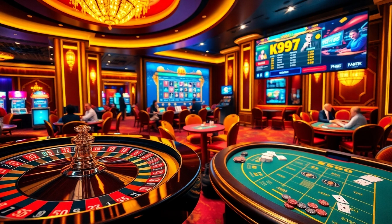 K997 emoção de jogo em um cassino vibrante com mesas de roleta e blackjack