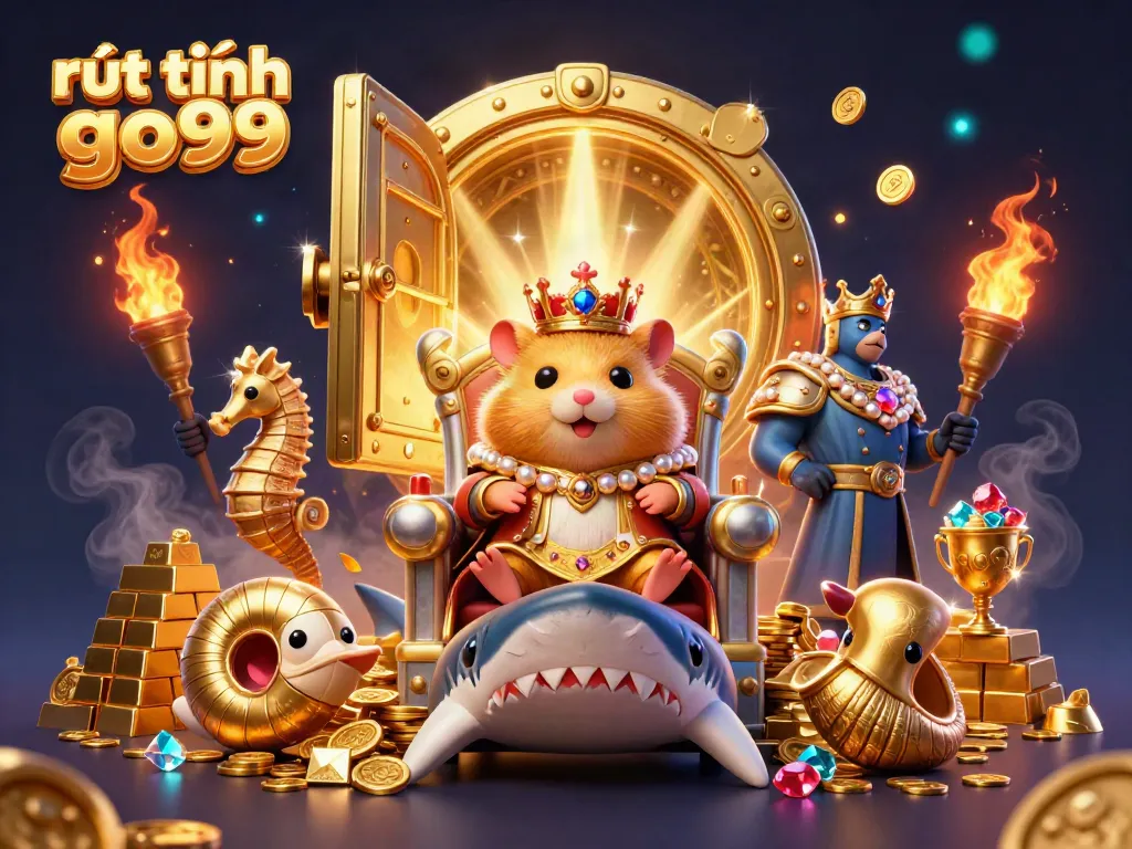 Experience rút tiền go99 with the golden hamster king and treasure in a vibrant casino scene.