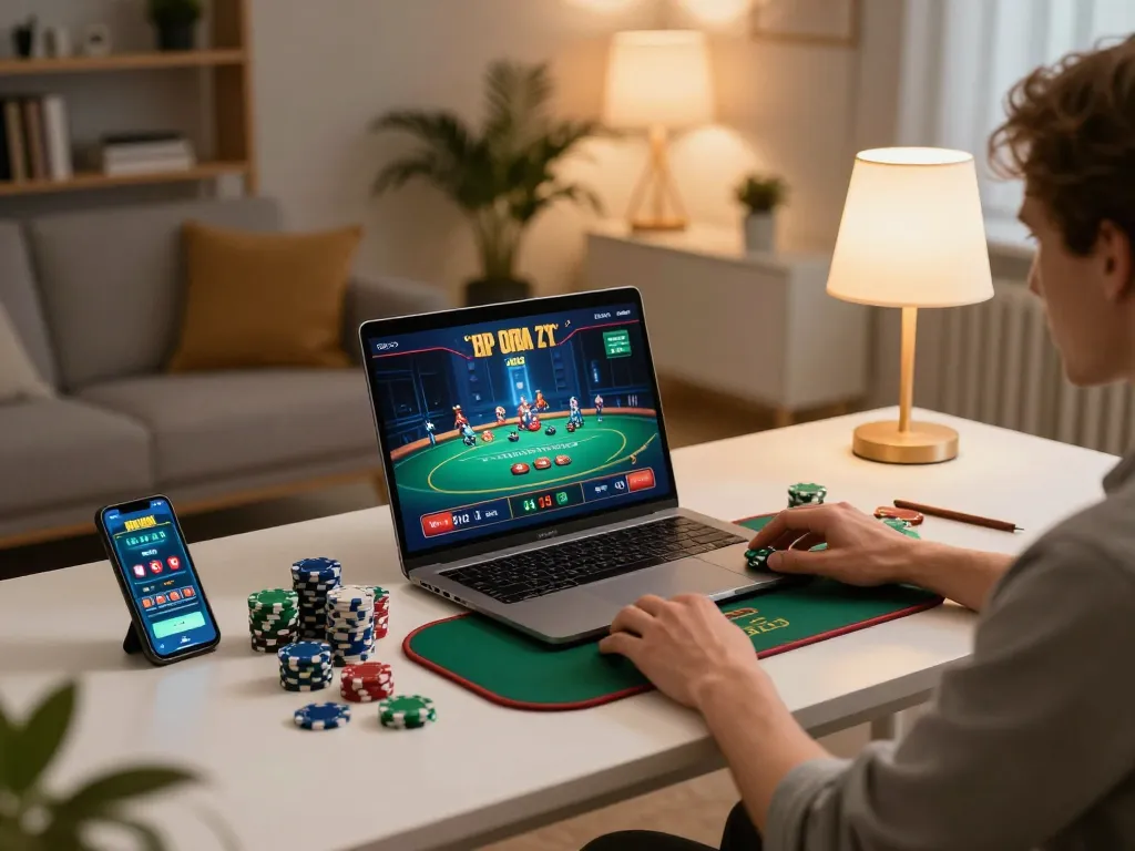 Person engaged in online gaming with 559X interface, showcasing a cozy and strategic home setup