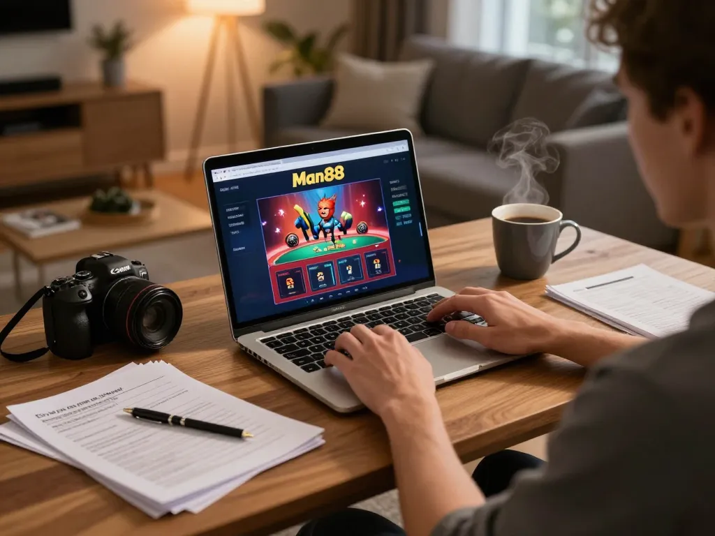 man88 player engaged in an online poker game with notes and coffee in a cozy home setting
