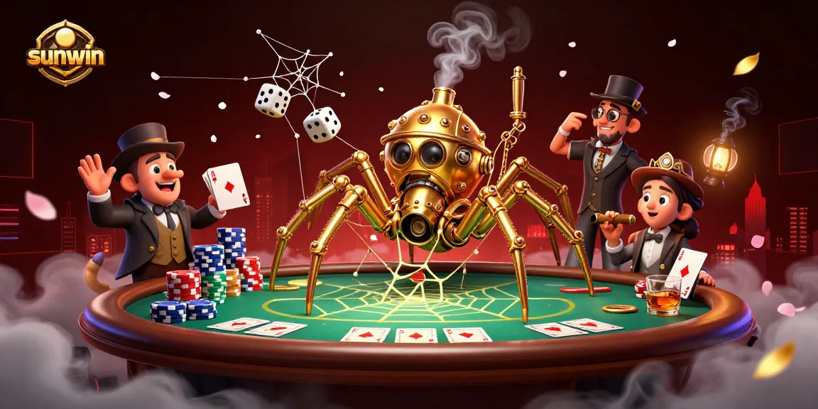 Engage with sunwin's vibrant 3D cartoon illustration of a steampunk spider and Victorian fly at a poker table.